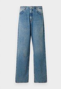 Jeans a gamba larga in denim azzurro chiaro con vita alta, cinque tasche e chiusura a bottone. Dettagli sbiaditi su tutta la stoffa.