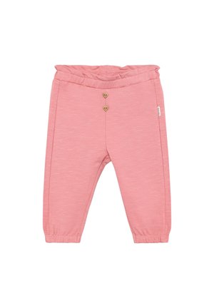 Jasnoróżowe bawełniane spodnie z elastycznym pasem, dwoma ozdobnymi drewnianymi guzikami w kształcie serca i zwężanymi nogawkami. Gładka tekstura.