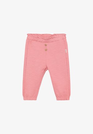 Pantalon en coton rose pâle avec une taille élastique, deux boutons décoratifs en forme de cœur en bois, et des chevilles resserrées. Texture lisse.