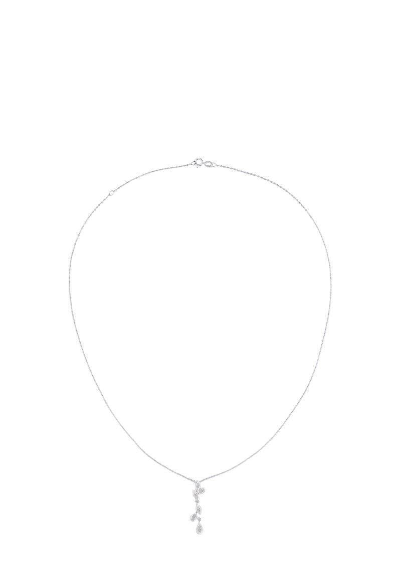 Sidabrinis kaklaraištis su subtilia grandinėlė, kuris turi pakabuką iš trijų ašarėlių formos ir lapų akcentų, tekstūruotų sudėtingais raštais.