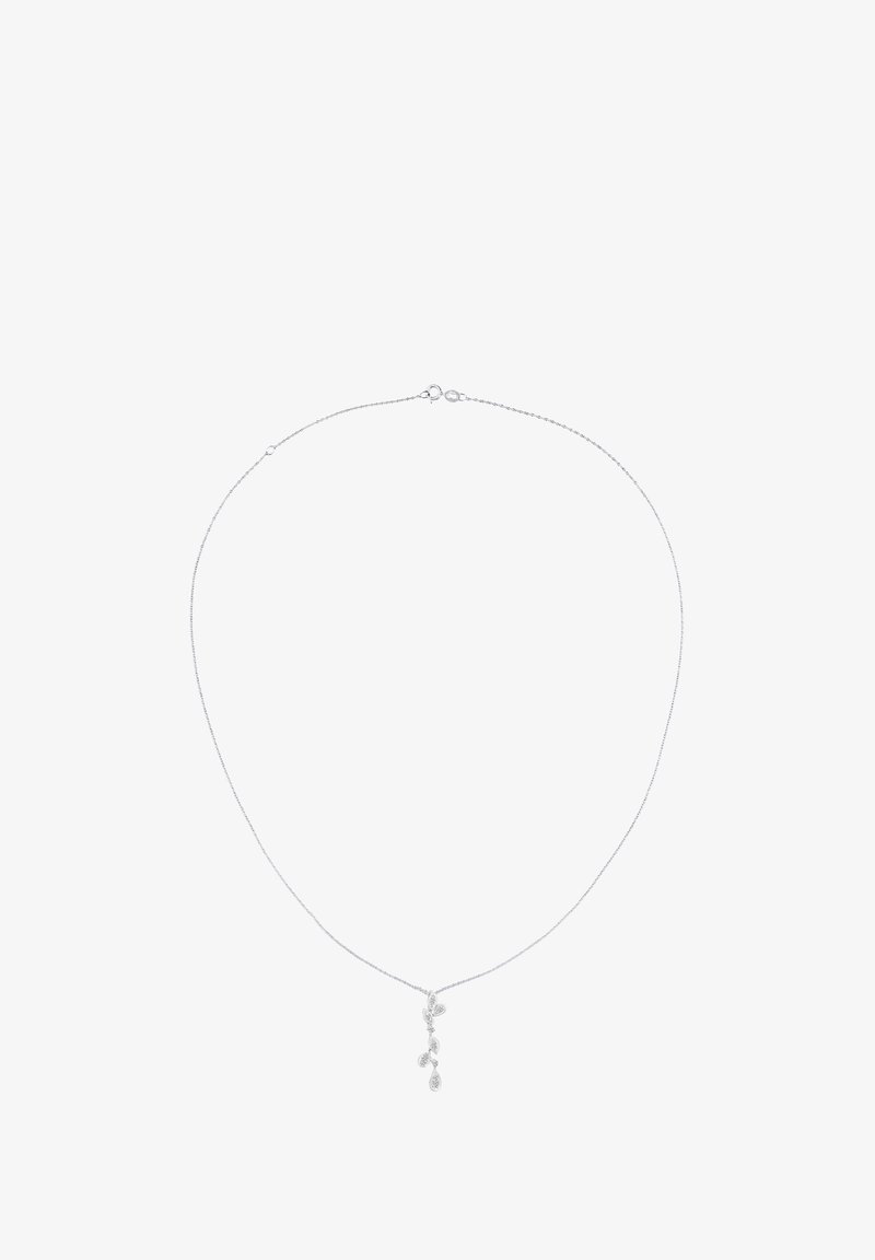 Sidabrinis kaklaraištis su subtilia grandinėlė, kuris turi pakabuką iš trijų ašarėlių formos ir lapų akcentų, tekstūruotų sudėtingais raštais.