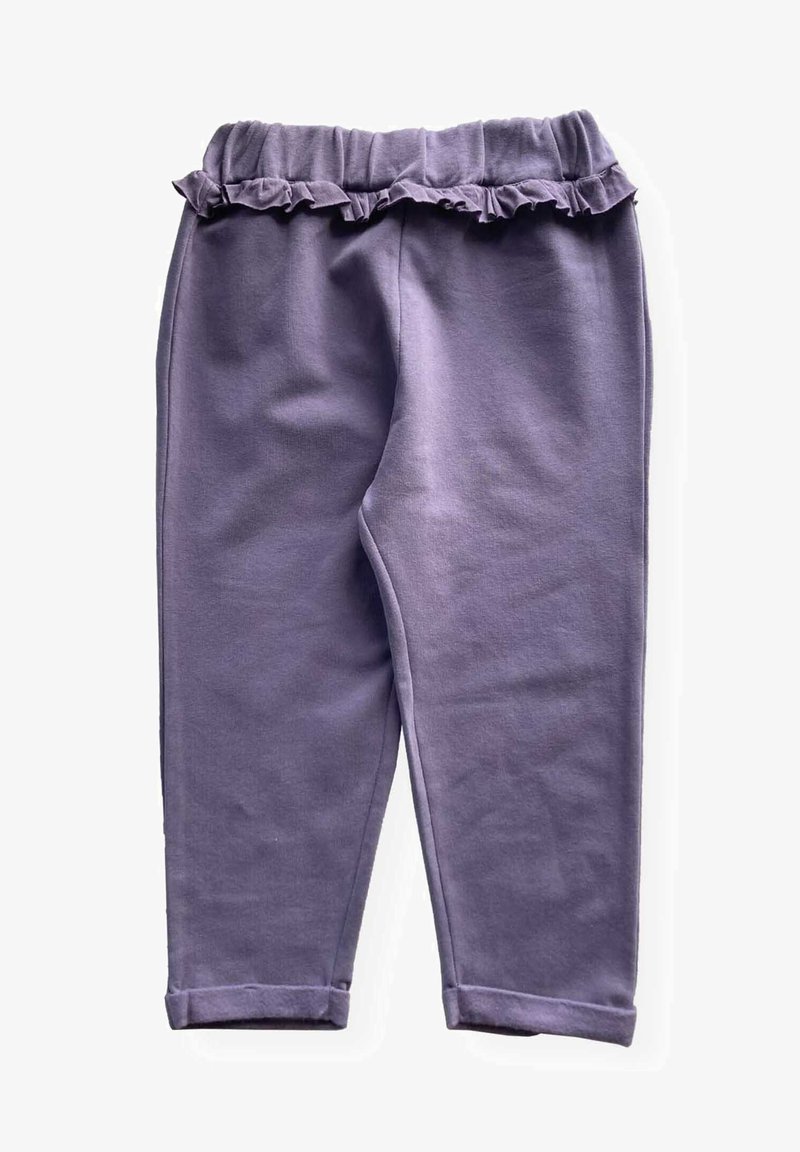 Lilac pants made from soft fabric, featuring a ruffled waistband, tapered leg design, and a plain texture with rolled cuffs.