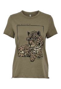 Olivově zelené bavlněné tričko s leopardím potiskem, černý nápis "ThrILL" a obdélníkový rámeček. Volný střih a krátké rukávy.