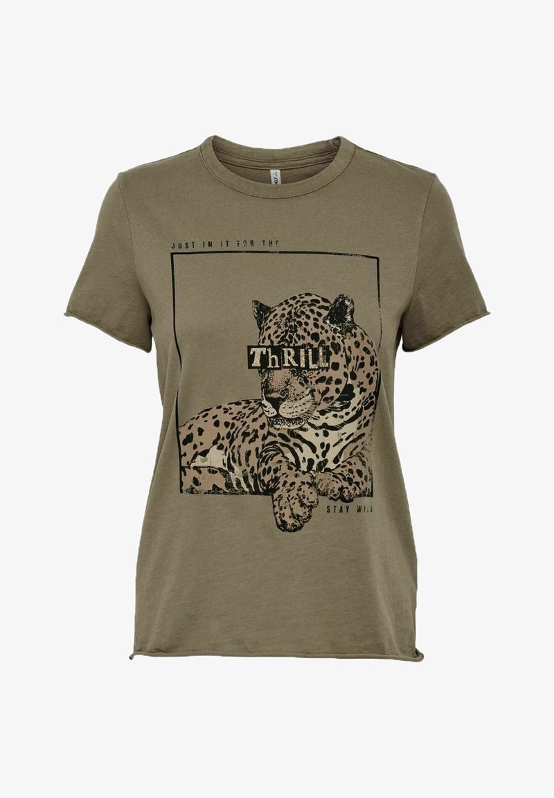 Olive green cotton t-shirt featuring a leopard graphic, with black lettering "ThrILL" and a rectangular border. Casual fit and short sleeves.