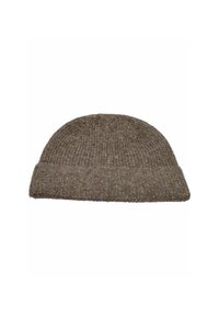 Cappello berretto a maglia marrone con una texture a coste, caratterizzato da un risvolto e un tessuto morbido e caldo, adatto per il freddo.