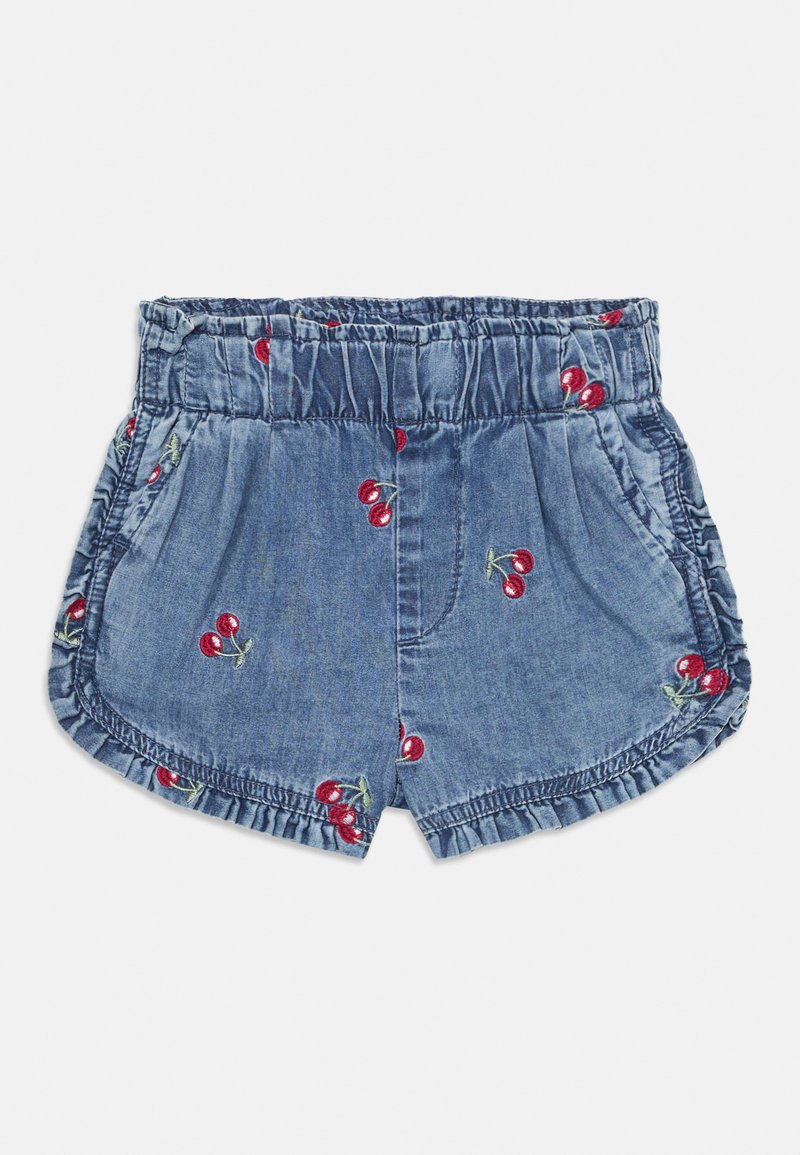 Denim shorts with embroidered cherry patterns, light blue color, elastic waistband, and ruffled edges for added texture.