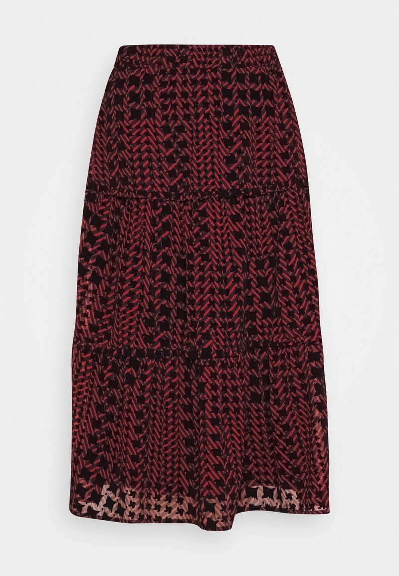 Zwarte midilange rok met rode geometrische patronen, voorzien van een gelaagd ontwerp en een elastische tailleband voor een verstelbare pasvorm en comfort.