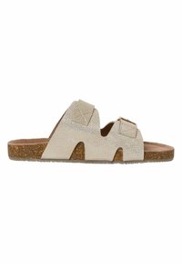Sandale en cuir beige à glisser avec deux brides ajustables, surface texturée, semelle en liège et design découpé pour la respirabilité.