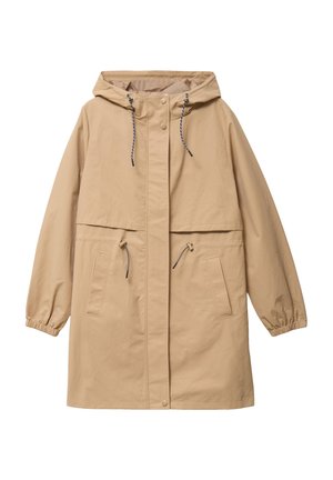 Imperméable beige à capuche avec poignets élastiques, boutons-pression à l'avant, cordons de serrage à la capuche et à la taille, et deux poches à rabat à l'avant.
