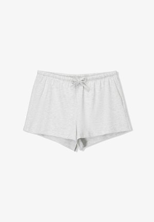 Light gray cotton shorts featuring an elastic waistband with an adjustable drawstring, smooth texture, and a relaxed fit. Shorts have no pockets.