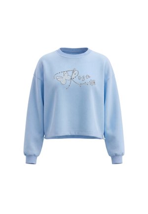 Lyseblå langærmet sweatshirt med ribkant ved manchetter og kant, dekoreret med rhinsten-design, der staver "Rosa" og et blomsterdesign.