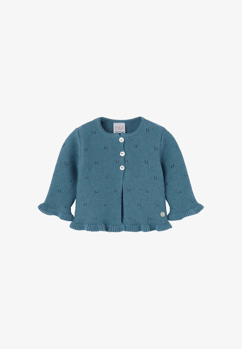 Cardigan en tricot teal avec un col rond, fermeture à trois boutons, manches à volants et petits motifs décoratifs sur l'ensemble. Texture douce.
