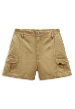 Krótkie spodenki cargo w kolorze khaki z przednimi kieszeniami, srebrnymi zatrzaskami, szlufkami na pasek oraz małym logo Vans na klapce prawej kieszeni cargo.