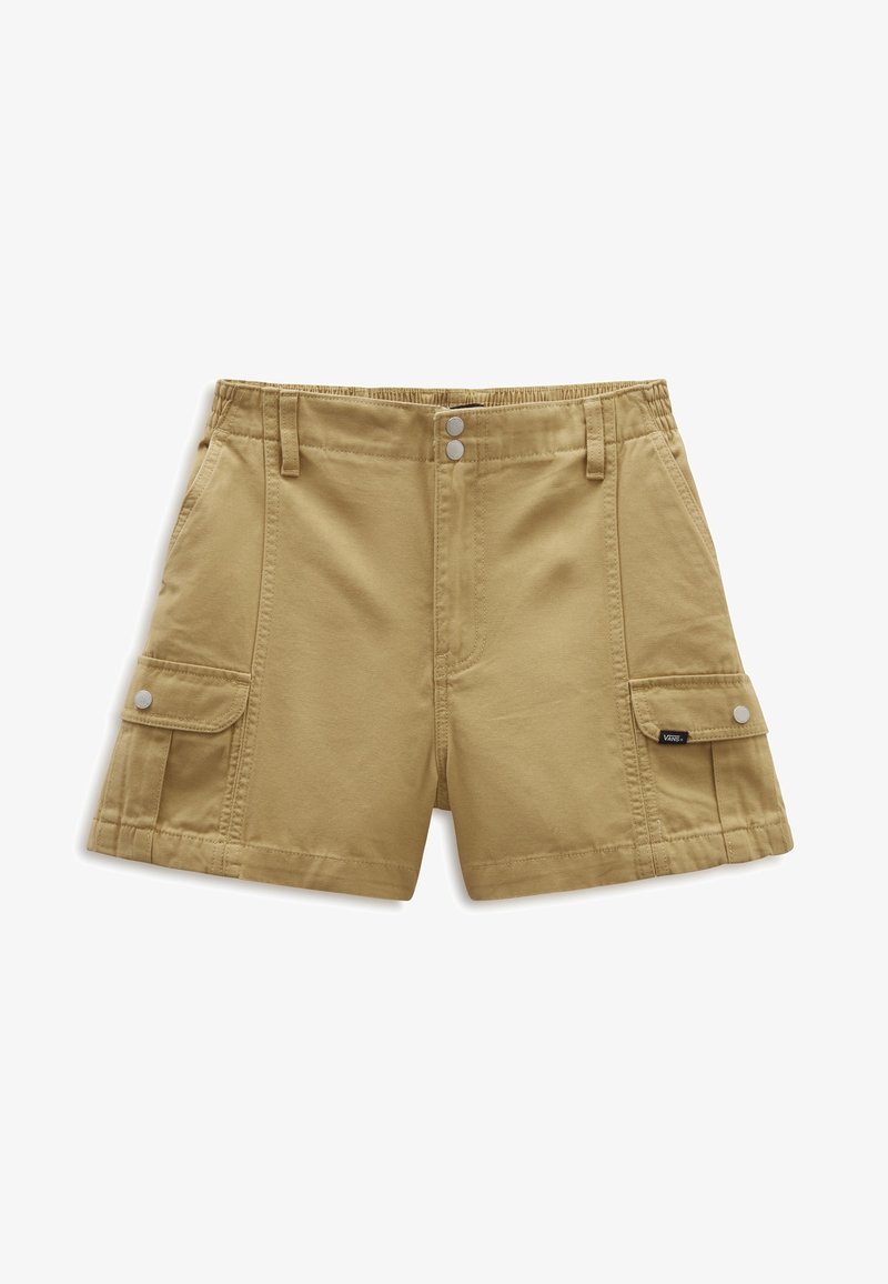 Short cargo kaki avec poches avant, boutons-pression argentés, passants de ceinture et petit logo Vans sur le rabat de la poche cargo droite.