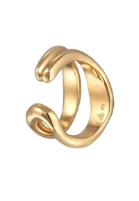 Gold-beschichteter Silberring mit modernem, gedrehtem Design. Glatte Oberfläche mit abgerundeten Kanten und hohlem Innenraum. Mit einem Stempel zur Metallreinheit versehen.