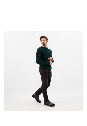 Homme portant un pull vert foncé à motifs, un pantalon noir et des chaussures noires, marchant en ajustant la manche, sur fond blanc.