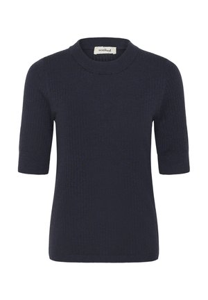 Pulover bleumarin cu mâneci scurte, cu textură tip nervură și decolteu rotund. Prezintă un model subtil de tricotaj, oferind un aspect moale și strâns pe corp.