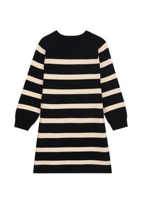 Gestreiftes Strickkleid mit abwechselnd schwarzen und cremefarbenen horizontalen Streifen, gerippten Bündchen und einem runden Halsausschnitt aus Strickmaterial.