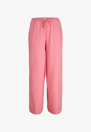 Roza, lahka, široka hlače s elastičnim pasom in detajlami na vezanje; gladka tekstura in sproščen dizajn.
