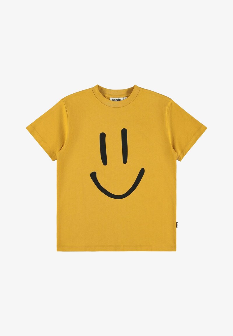 Gul T-shirt med korte ærmer, stort sort smiley-ansigt på fronten og rund halsudskæring.