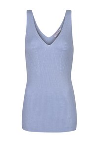 Heleheles sinine, sooniline tank top V-kaelusega ja laiade rihmadega, millel on kangas üle kogu pinna tekstuuriline muster.