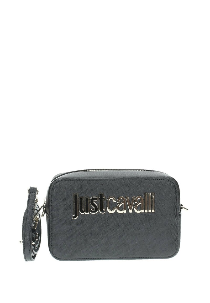 Schwarze synthetische Umhängetasche, rechteckige Form, mit metallic "Just Cavalli" Logo, Reißverschluss und abnehmbarem Tragegurt.