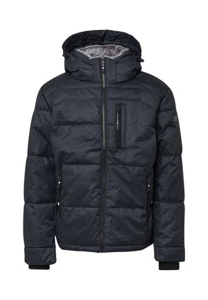 Tmavosivá prešívaná bunda s kapucňou, s prešívanými časťami, zipsovým uzáverom a bočnými vreckami. Mäkký vrchný materiál vnútri.