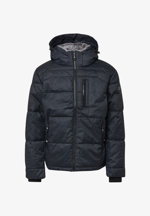 Donkergrijze donzen jas met een capuchon, voorzien van gestikte delen, ritssluiting en zijzakken. Zachte voering aan de binnenkant.