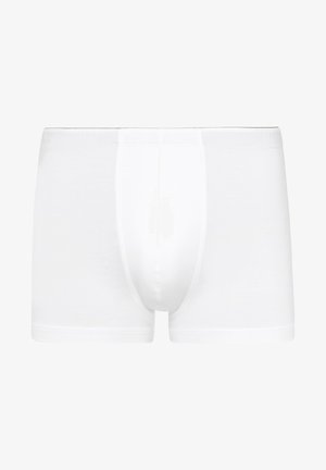 Valkoiset bokserit, jotka on valmistettu sileästä ja kevyestä puuvillasta. Ne ovat tiiviissä istuvuudessa, ja niissä on joustava vyötärönauha sekä muotoiltu pussi tuen tarjoamiseksi.