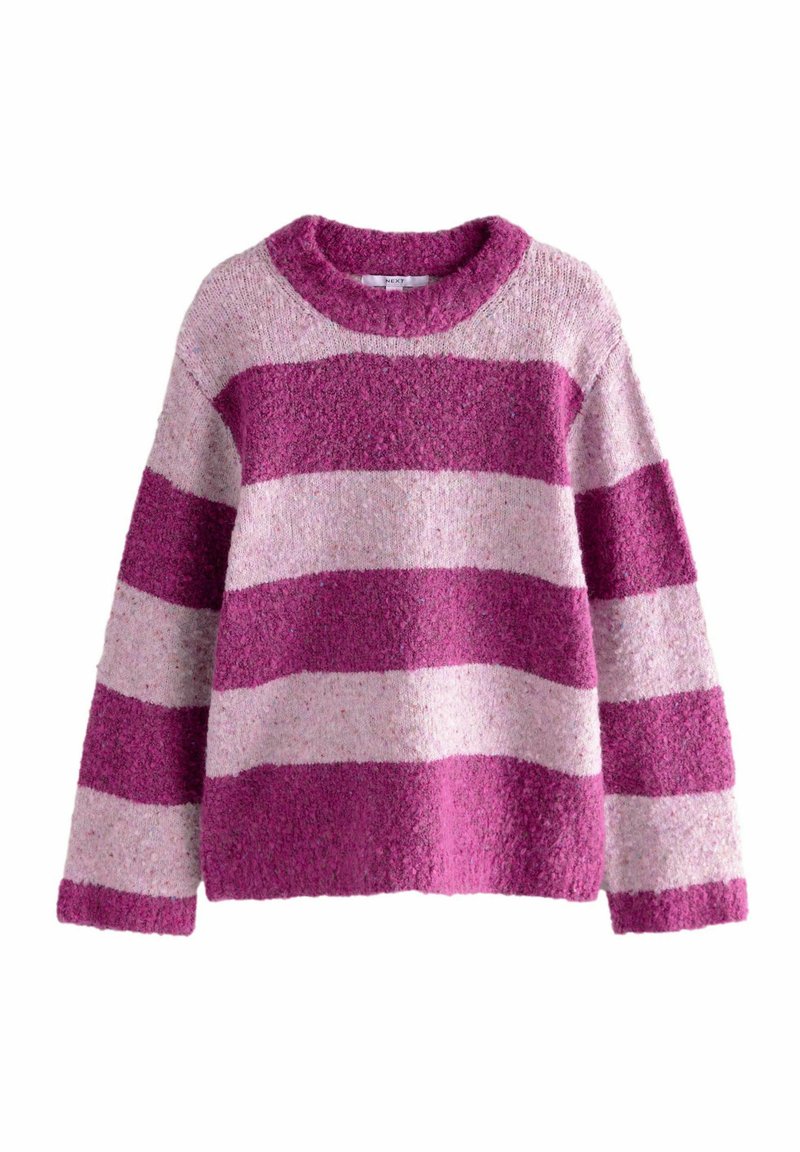 Lila und hellrosa gestreifter gestrickter Pullover mit Rundhalsausschnitt, strukturiertem Stoff, lockerer Passform und langen Ärmeln.