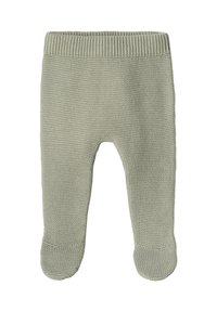 Strickleggings für Säuglinge in sanftem Grün, mit einem gerippten Bund und Fußdesign. Strukturierter Stoff mit einem subtilen Muster.