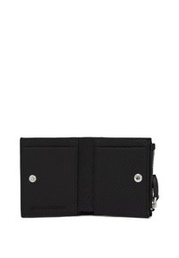 Portefeuille en cuir noir avec finition texturée, comprenant deux emplacements pour cartes, une fermeture à pression et un compartiment zippé sur le côté.