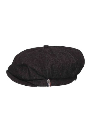 Dark brown flat cap with small round button on top, textured fabric, and a small metal emblem on the front band.