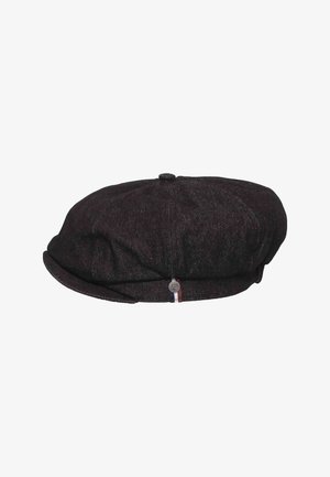 Dark brown flat cap with small round button on top, textured fabric, and a small metal emblem on the front band.