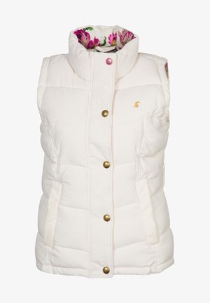 Hvid polstret ærmeløs vest med høj krave foret med blomstret stof og guldknapper foran.