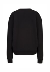 Zwarte sweatshirt met ronde hals, lange mouwen, verlaagde schouders en geribbelde manchetten en zoom. Glad materiaal met een eenvoudig, effen ontwerp.