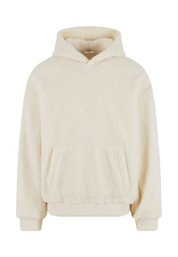Hoodie in sherpa color crema con tasca frontale, orlo e polsini a coste, e una texture accogliente. Presenta un cappuccio per maggiore calore.