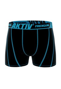 Boxer shorts noirs avec une ceinture élastique bleue. Le texte le long de la ceinture indique "FREEGUN AKTIV." Comprend des coutures et des lignes bleues contrastantes.
