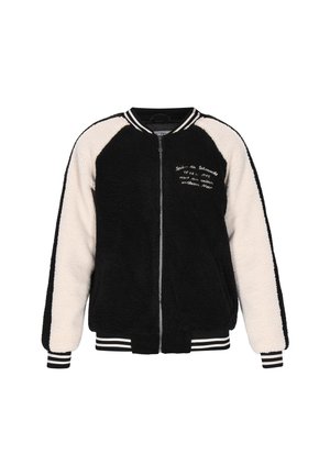 Giacca bomber nera e crema con chiusura zip, texture morbida, maniche a contrasto e polsini a righe con testo ricamato sulla parte anteriore.