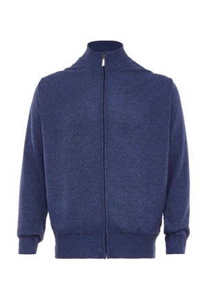 Marineblauer Zip-Up-Pullover mit gerippten Bündchen, Saum und hohem Kragen, dargestellt auf weißem Hintergrund.