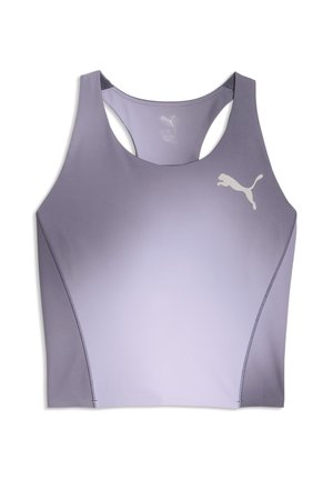 Figursyet lilla sportstop uden ærmer med racerback-design og hvidt Puma-logo på venstre bryst.