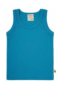 Türkise Tanktop aus weicher Baumwolle, mit rundem Halsausschnitt, ärmellosem Design und einem kleinen, mehrfarbigen Etikett an der Seite.