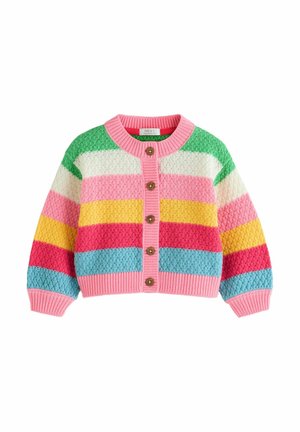Children’s knitted button-up cardigan with wide horizontal stripes in green, white, pink, yellow, red, and blue, with pink ribbed cuffs and hem.