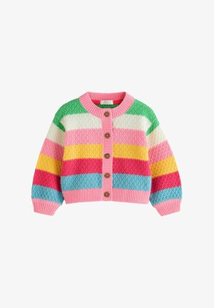 Detský pletený zapínací sveter s širokými horizontálnymi pruhmi v zelenej, bielej, ružovej, žltej, červenej a modrej farbe, s ružovými rebrovanými manžetami a lemom.