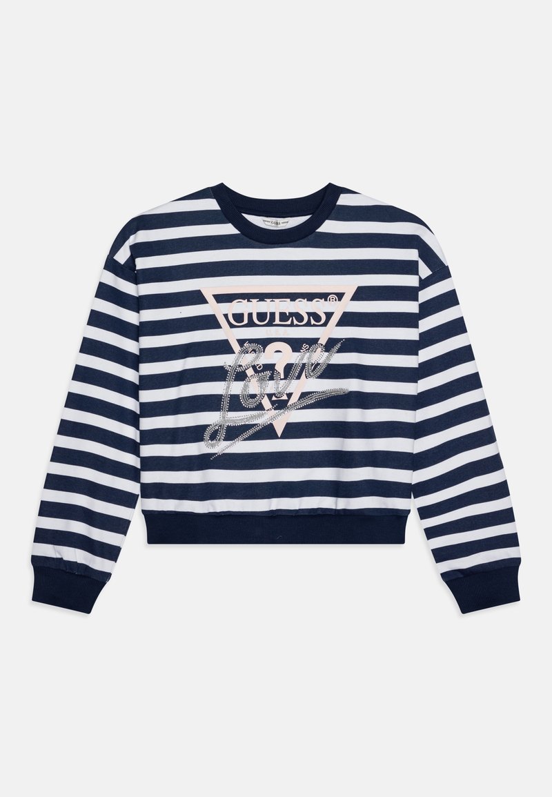 Chemise à manches longues à rayures horizontales bleu marine et blanches avec le texte "Guess Love" à l'intérieur d'un triangle rose sur le devant, poignets et ourlet inférieur côtelés.