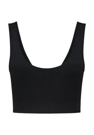 Top corto nero con scollatura a barca, spalline larghe e tessuto liscio e elasticizzato. Presenta un design aderente e un orlo senza cuciture.