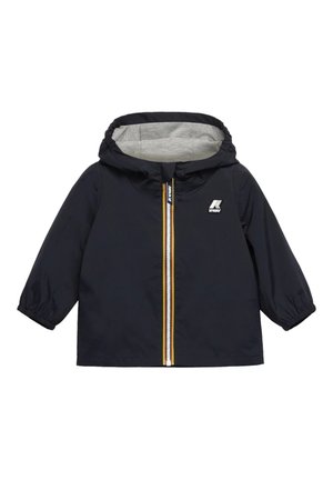 Granatowa kurtka dziecięca z kapturem, szara podszewka, przedni zamek błyskawiczny z żółto-białym obszyciem, elastyczne mankiety oraz logo K-Way na piersi.