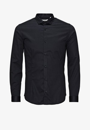 Czarna, długosleeve koszula zapinana na guziki, wykonana z gładkiego materiału, z klasycznym kołnierzykiem, z przodu zapinana na guziki, w jednolitym kolorze, bez wzorów.