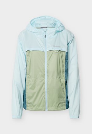 Ανοιχτό μπλε και ελιάς χρώματος κουκούλα μπουφάν Columbia με μπροστινό φερμουάρ και πλαϊνές τσέπες, σχεδιασμένο για προστασία από καιρικές συνθήκες σε εξωτερικούς χώρους.