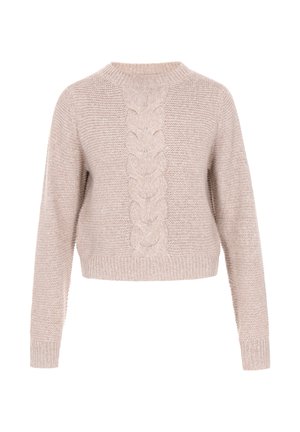 Beige strikket sweater med et sted-for-sted mønster ned gennem midten, rund halsudskæring og ribbede manchetter og kant. Korte ærmer med blød tekstur.